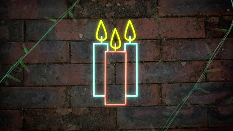 Yellow-christmas-string-lights-flashing-over-neon-candles-on-brick-wall