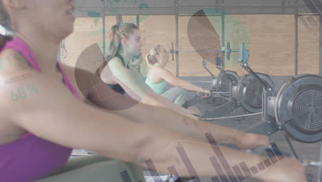 Animation-of-data-on-interface-over-diverse-women-training-on-rowing-machines-at-gym