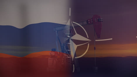 Animation-Der-Flaggen-Der-NATO-Und-Russlands-über-Einer-Ölpumpe