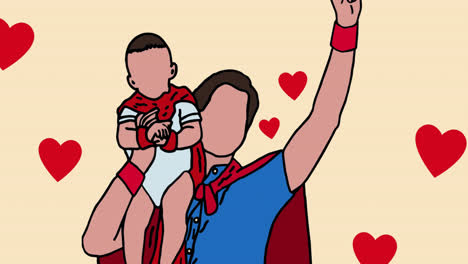 Animation-Von-Vater-Und-Sohn-In-Superheldenkostümen-Auf-Gelbem-Hintergrund-Mit-Herzen