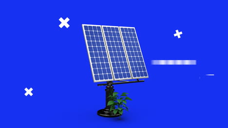 Animation-of-data-processing-over-photovoltaic-panel-and-plant-on-blue-background