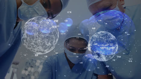Animation-of-globes-over-diverse-surgeons-with-face-masks