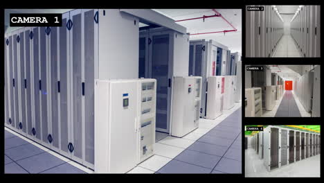 Four-security-camera-views-of-business-computer-server-room-interiors,-slow-motion