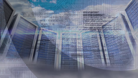 Animation-of-data-processing-and-microprocessor-connections-over-computer-servers-and-clouds-in-sky