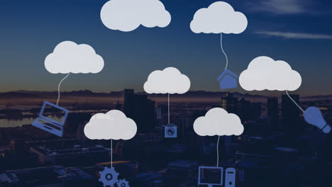 Animation-of-application-icons-hanging-over-clouds-with-silhouette-view-of-cityscape-and-skyline