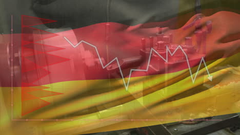 Animation-of-red-diagram,-data-processing-and-flag-of-germany-over-working-device