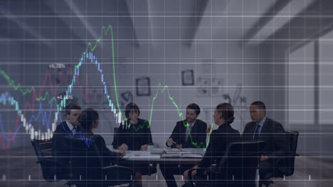 Animation-of-financial-graphs-over-diverse-businesspeople-having-meeting-in-office