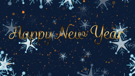 Animation-of-snowflakes,-yellow-spots-floating-over-happy-new-year-text-banner-on-blue-background