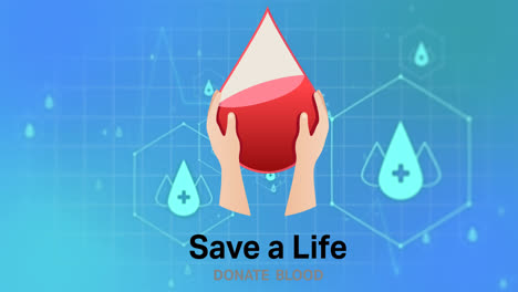 Animation-of-medical-icons-and-hands-holding-blood-drop-with-donate-blood-text-on-blue-background