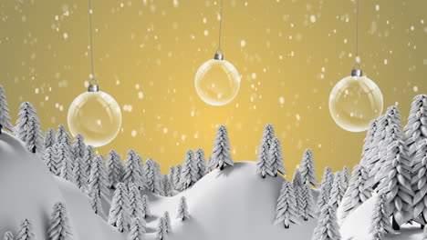 Animation-of-snow-falling-over-hanging-bauble-decorations-against-winter-landscape