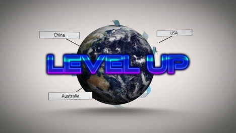 Animation-of-level-up-text-banner-against-plane-icons-flying-over-spinning-globe-on-grey-background