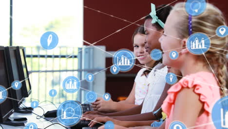 Animation-of-network-of-digital-icons-over-diverse-girls-laughing-while-using-computer-at-school
