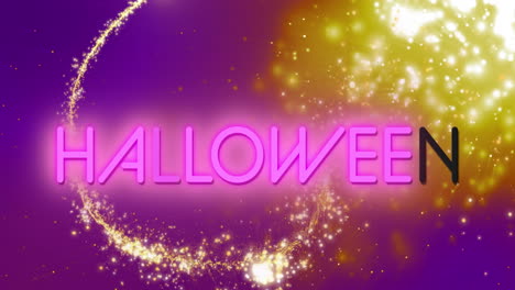 Animation-of-shooting-star-over-neon-halloween-text-banner-against-light-spots-on-purple-background