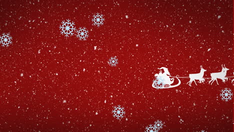 Animation-Von-Schneeflocken,-Die-über-Den-Weihnachtsmann-Im-Von-Rentieren-Gezogenen-Schlitten-Auf-Rotem-Hintergrund-Fallen