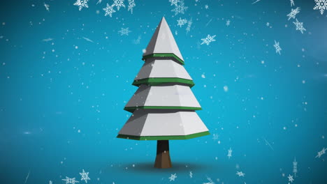 Animation-of-snowflakes-falling-over-christmas-tree-covered-in-snow-against-blue-background