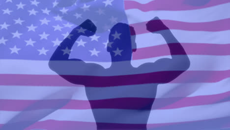 Animation-of-strong-man-flexing-muscles-over-flag-of-united-states-of-america