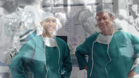 Animation-of-timelapse-with-walking-people-over-happy-diverse-surgeons-smiling-at-camera