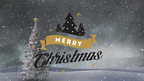 Animation-of-merry-christmas-text-over-snowfall-on-decorated-christmas-tree-against-cloudy-sky