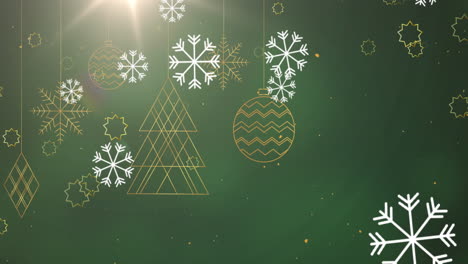 Animation-Von-Schneeflocken,-Die-über-Hängende-Dekorationen-Fallen,-Und-Lichtflecken-Vor-Grünem-Hintergrund