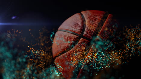 Animation-of-green-and-yellow-digital-wave-against-basketball-and-light-spot-on-black-background