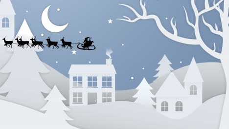Animation-of-santa-claus-in-sleigh-pulled-by-reindeers-over-winter-landscape-against-night-sky