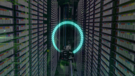 Animation-of-loading-circle-over-dots-against-server-racks-and-equipment-in-background