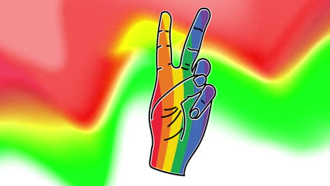 Animation-of-rainbow-hand-making-peace-sign-over-red,-green-and-white-background
