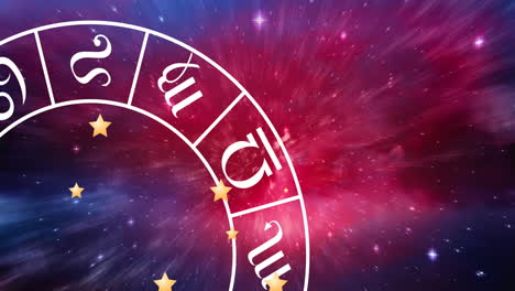 Animation-of-zodiac-wheel-spinning-on-starry-night-sky