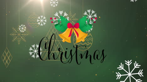 Animation-of-snowflakes-falling-over-christmas-text-banner,-hanging-decorations-on-green-background
