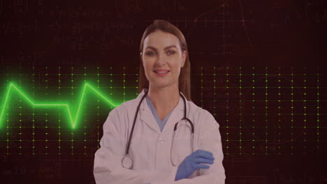 Animation-of-heart-rate-monitor-against-portrait-of-caucasian-female-doctor-smiling