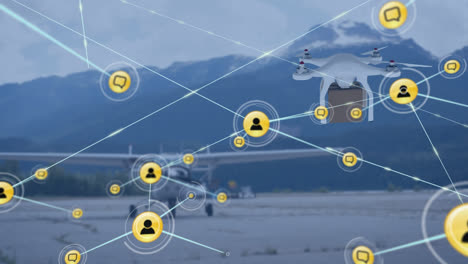 Animation-of-network-of-connections-with-icons-over-drone-and-plane