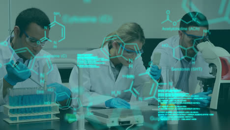 Animation-of-chemical-structures-and-data-processing-over-diverse-scientists-working-at-laboratory