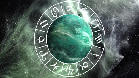 Animation-of-green-planet-and-zodiac-in-black-space-with-smoke