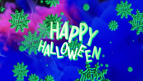 Animation-of-happy-halloween-text-and-spiderwebs-over-blue-background
