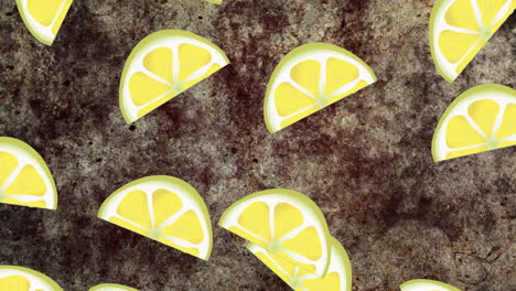 Animation-of-slices-of-lemons-moving-over-black-distressed-background