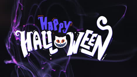 Animation-of-happy-halloween-text-and-cat-over-black-background