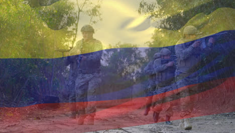 Animation-Der-Flagge-Kolumbiens-über-Verschiedenen-Männlichen-Soldaten