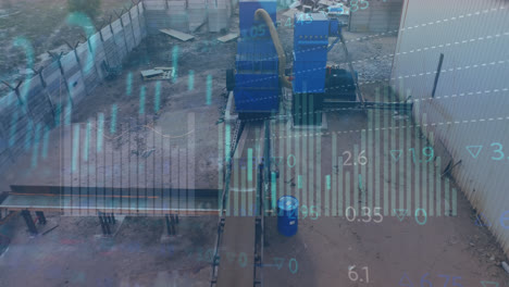 Animation-of-multiple-graphs-and-trading-board-over-aerial-view-of-machinery-in-junkyard