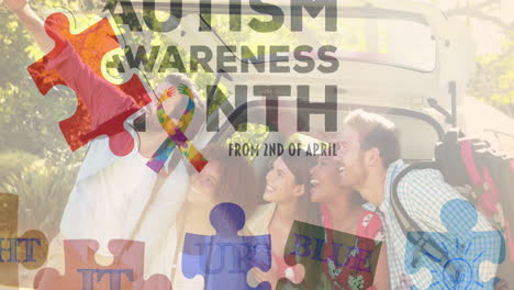 Animation-of-autism-awareness-month-text-and-puzzle-pieces-over-happy-diverse-friends