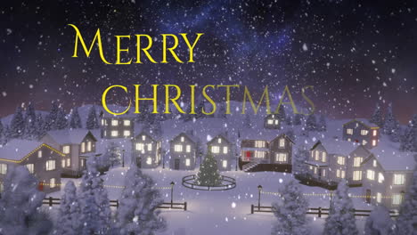 Animation-Von-Schneefall-über-Einem-Fröhlichen-Weihnachtstextbanner-Und-Luftaufnahme-Der-Winterlandschaft