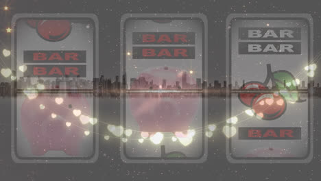 Animation-Leuchtender-Lichterketten-In-Herzform-über-Einem-Casino-Spielautomaten-Vor-Dem-Hintergrund-Der-Stadtlandschaft