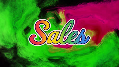 Animation-of-sales-text-in-rainbow-colours-over-green-and-red-liquid-clouds