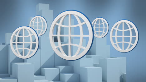 Animation-Mehrerer-Web-Globus-Symbole,-Die-über-Einer-3D-Stadtstruktur-Vor-Blauem-Hintergrund-Schweben