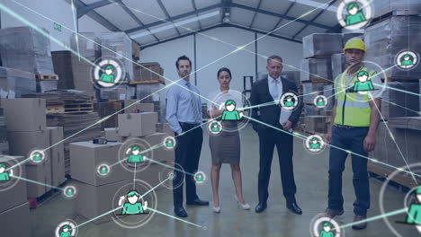 Animation-of-network-of-profile-icons-over-portrait-of-diverse-supervisors-and-workers-at-warehouse