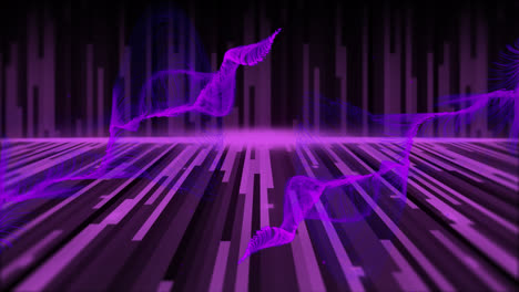Animation-of-purple-light-trails-and-trails-of-smoke-on-black-background