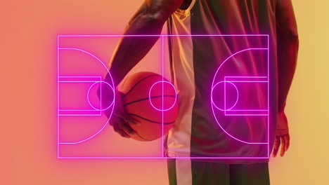 Animation-of-pink-court-over-midsection-of-african-american-male-basketball-player-holding-ball