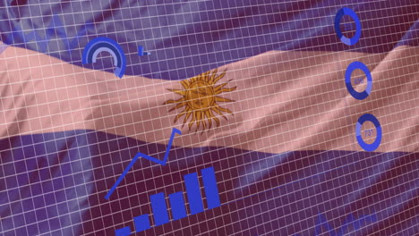 Animación-Del-Procesamiento-De-Datos-Estadísticos-A-Través-De-La-Red-Grid-Contra-El-Fondo-De-La-Bandera-Argentina-Ondeando
