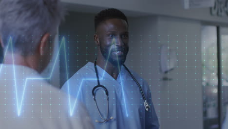 Animation-of-heart-rate-monitor-on-african-american-male-doctor-talking-to-male-patient-at-hospital