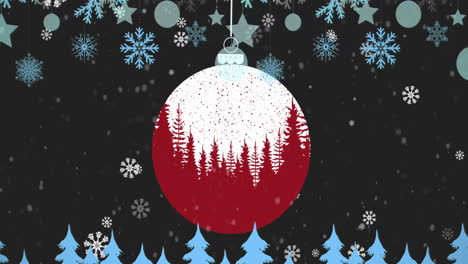 Animation-of-snowflakes-over-hanging-bauble-decoration-and-tree-icons-against-black-background