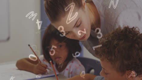 Animation-of-changing-numbers-and-multiple-letters-over-diverse-female-teacher-helping-students